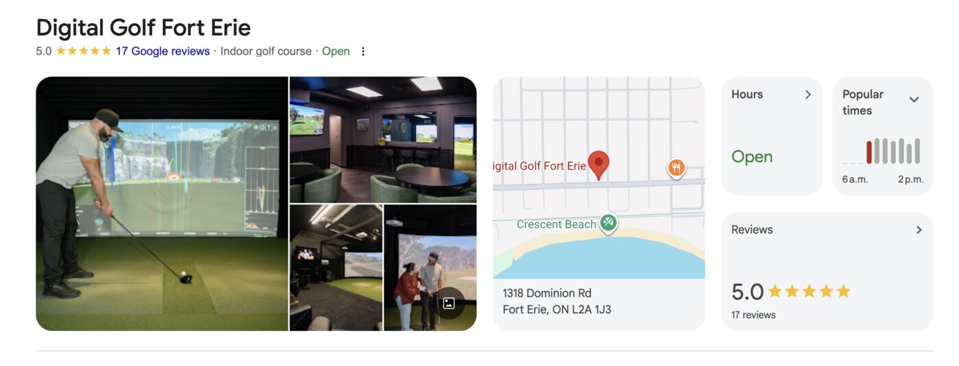 Google search result for Digital Golf Fort Erie showing a 5.0 star rating from 17 Google reviews, interior photos of the simulator bays, opening hours and the Dominion Road location on a map.