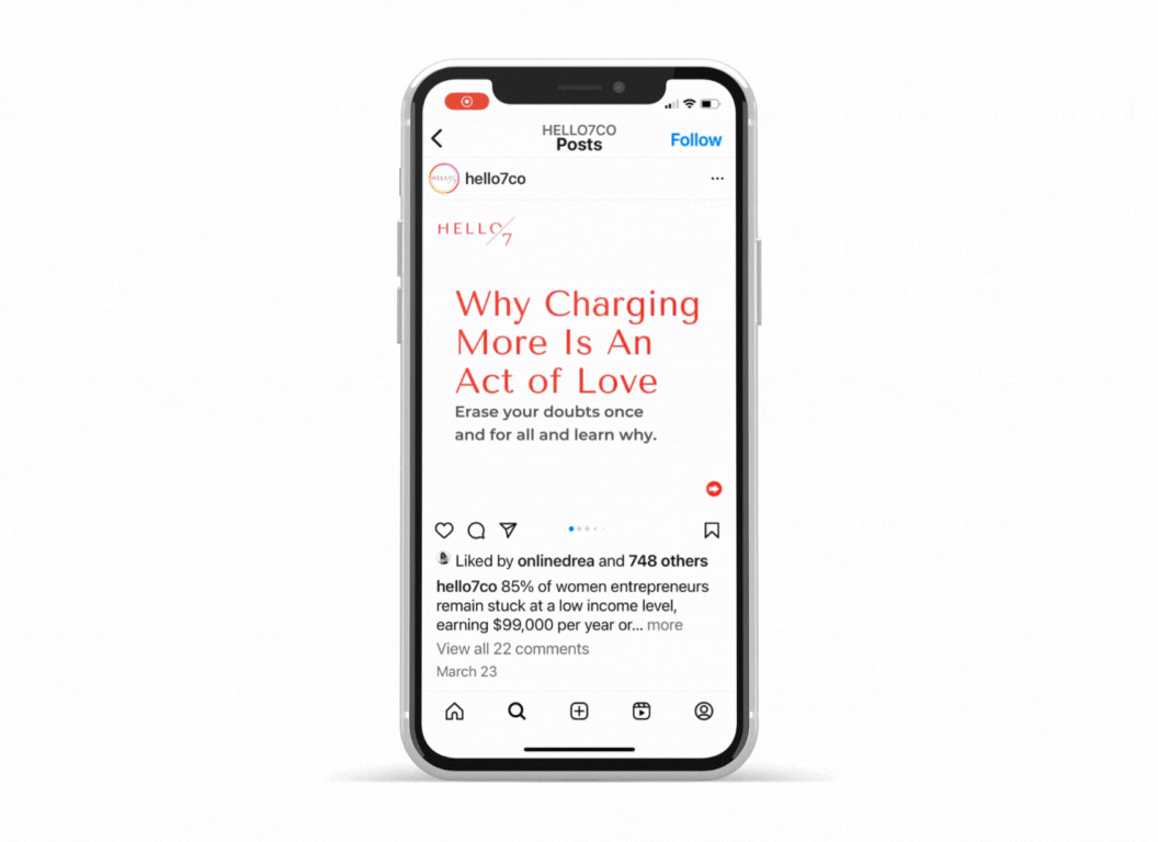 Hello Seven Instagram carousel titled Why Charging More Is An Act of Love