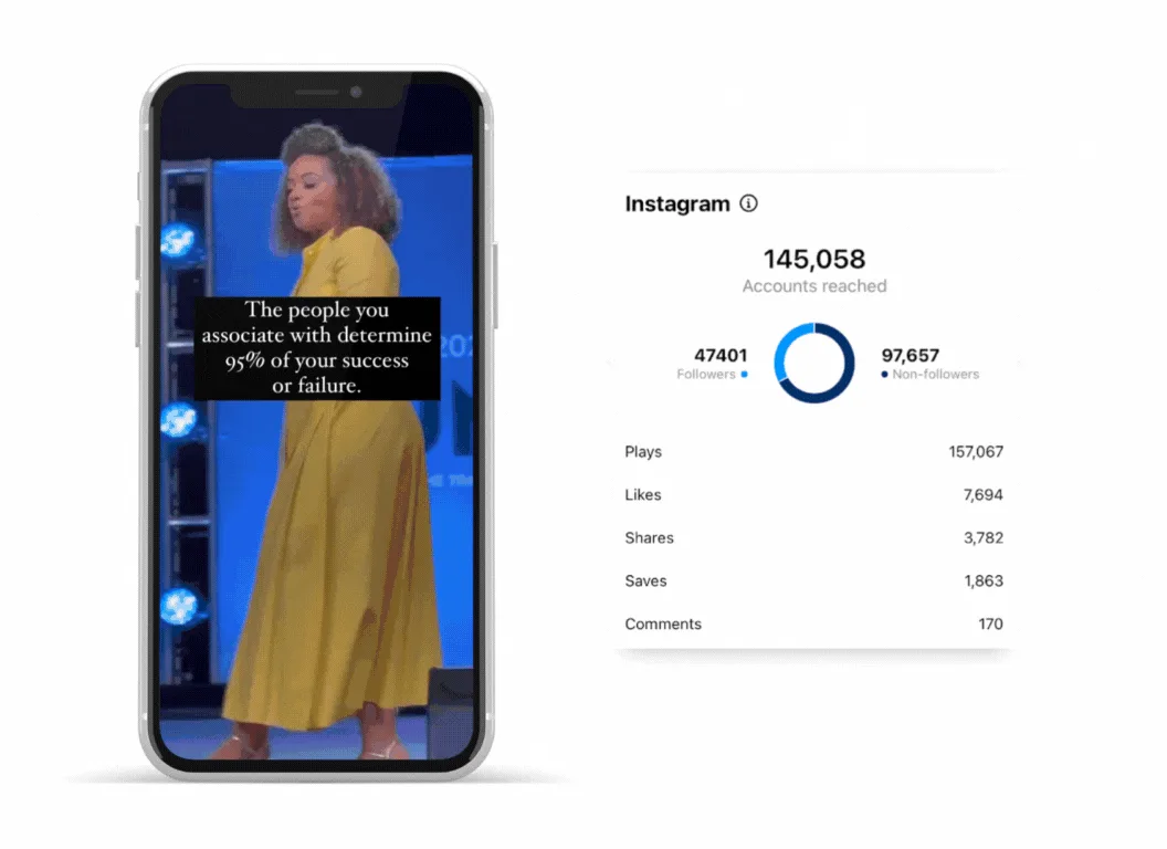 Rachel Rodgers speaking on stage in a reel, next to its Instagram insights